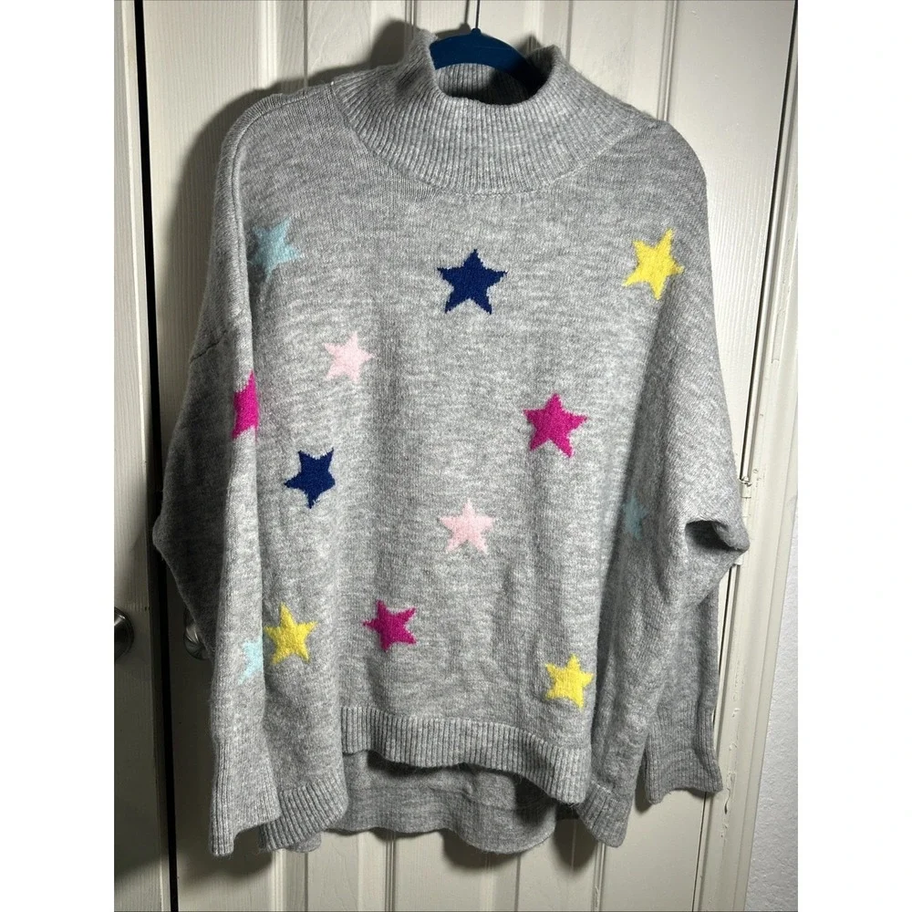Cabana By Crown & Ivy Grey Star High Neck Tunic Sweater Size Large
